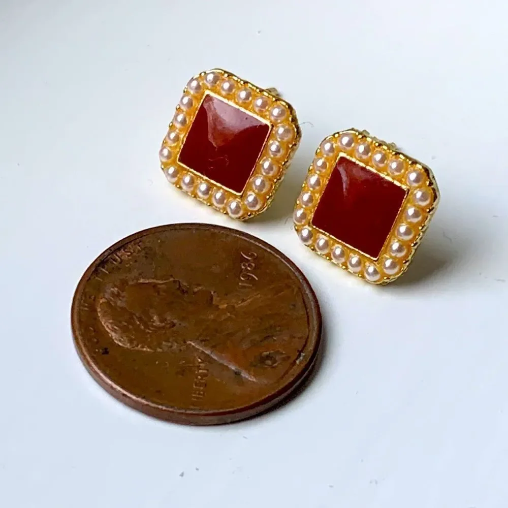 Ruby Red Square Stud Earrings Faux Pearl Border Gold Tone